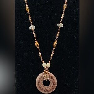 Vintage Copper tone large round pendant, stone, white beads signed.